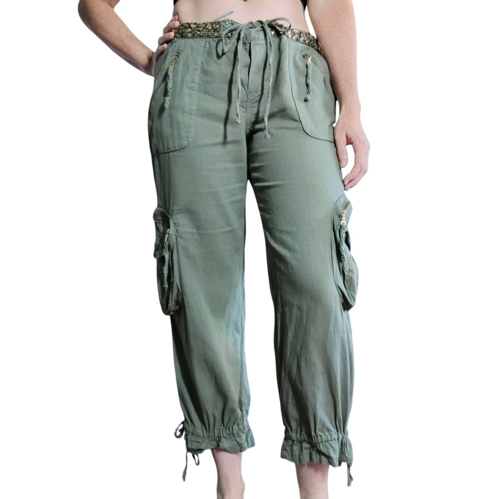 Bongo Y2K Pants Crop Low Rise Cargo Utility Military Army Green Medium Linen
